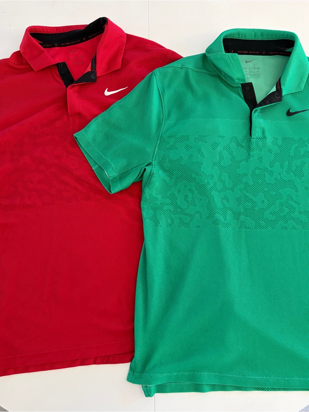 Two Nike Tiger Woods Collection Dri-Fit ADV Red & Green Short Sleeve Golf Polos